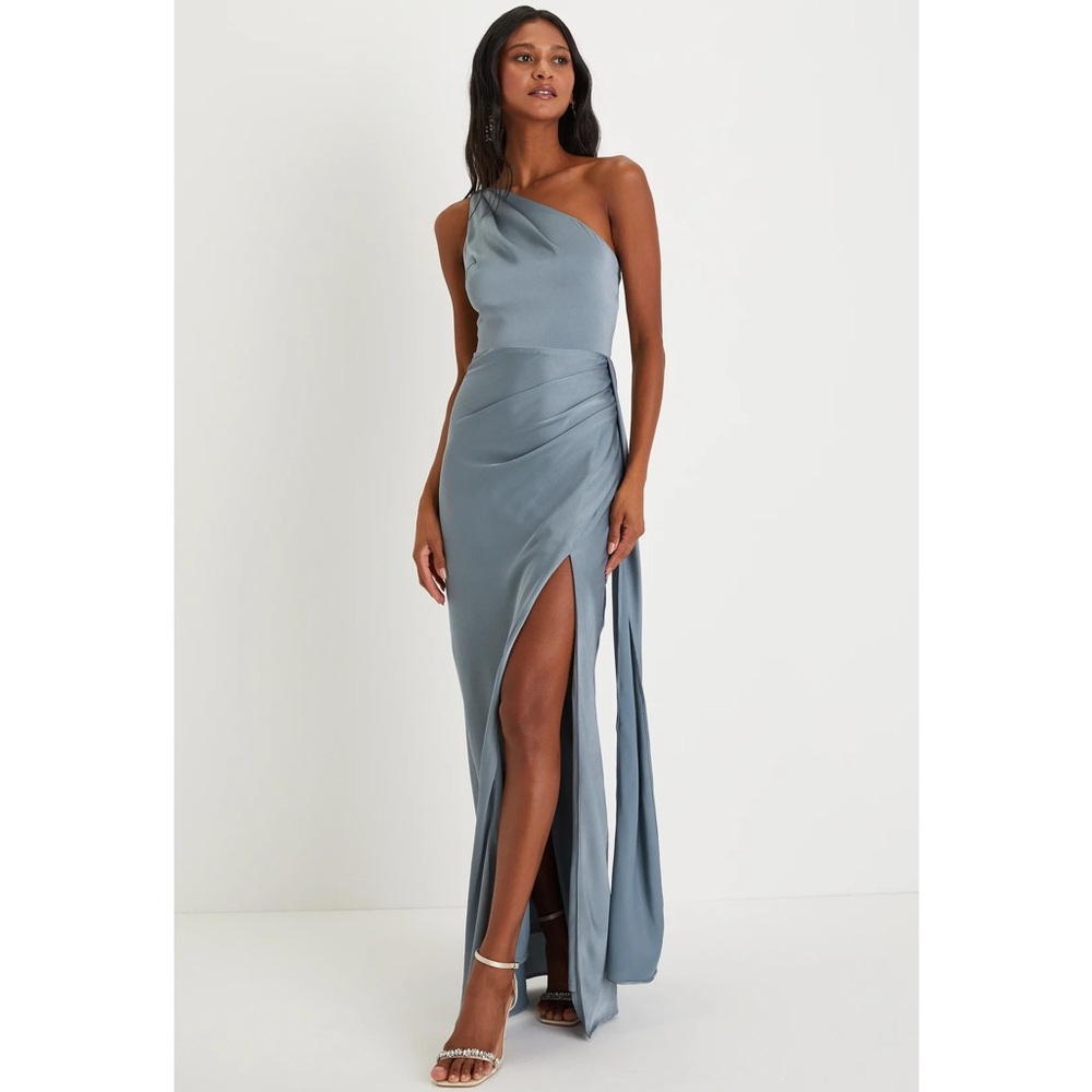 Lulu's One-Shoulder Satin Gown in Dusty Blue